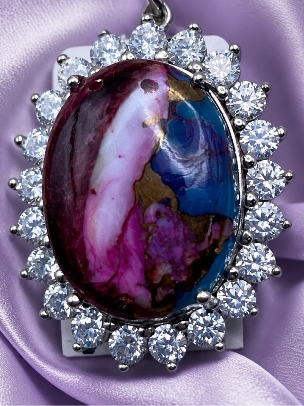 Huge Mohave Oyster Turquoise Cabachon gemstone and White Topaz Pendant.